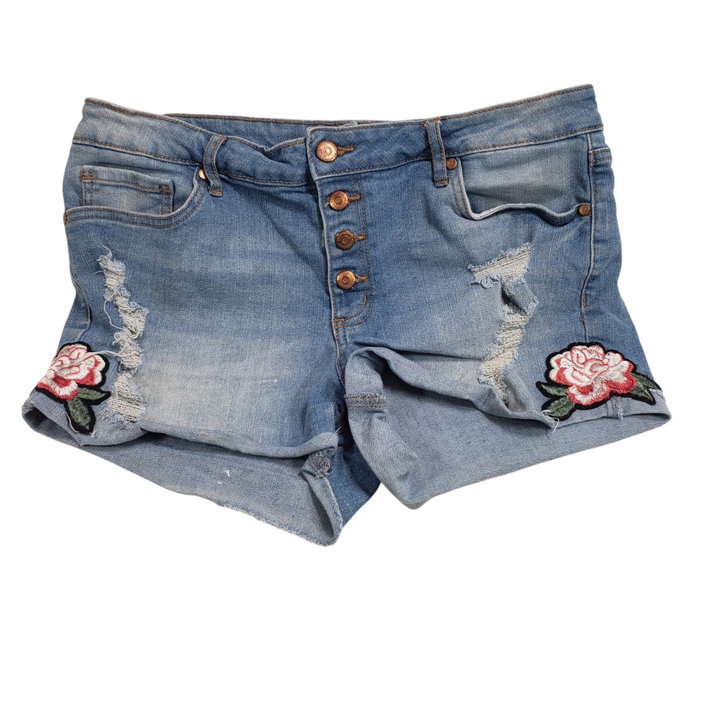 No Boundaries Women Distressed Rose‎ Embroidered Denim Shorts 13 Blue